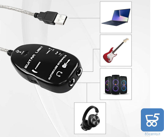 Scheda audio USB Guitar Link per Chitarra Adattatore USB di registrazione PC MAC Lunghezza 1 Metro con Uscita Cuffie