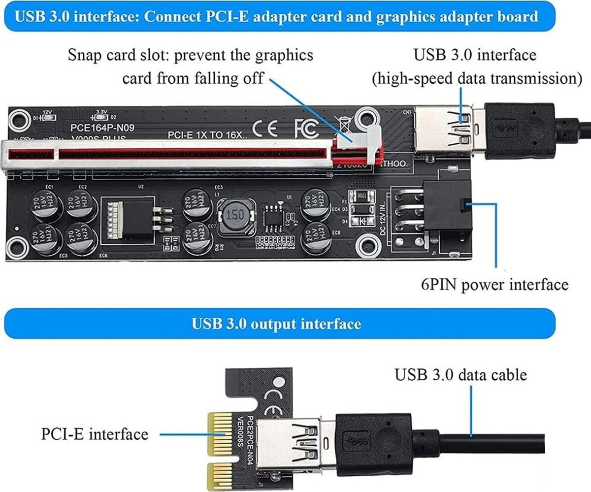 6 PCI-E Riser 16x A 1x Per Mining Cripto - Con Cavo USB 3.0, Alimentazione SATA, 8 Condensatori Solid - Foto 9