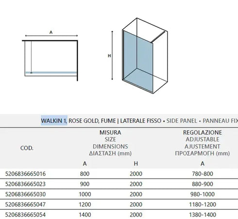 Parete Walkin H200cm Cristallo Fumè 8mm Anticalcare Profili Rose Gold - Shopbagno.it