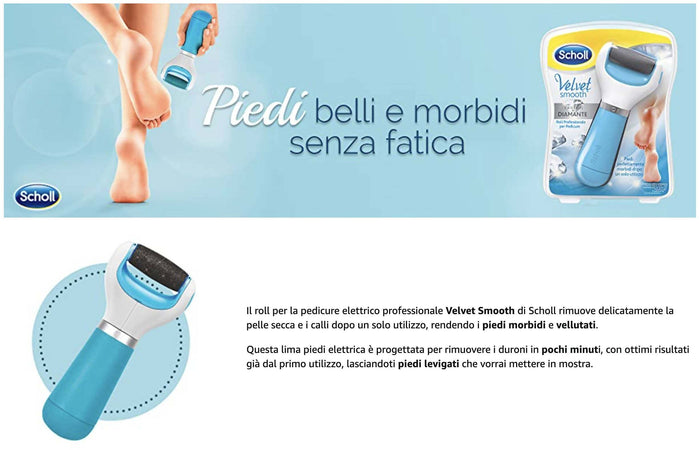 Scholl Velvet Smooth Roll Pedicure Elettrico Professionale per Pelle Secca e Talloni Screpolati, Azzurro, con Cristalli di Diamante Dr. Scholl'S