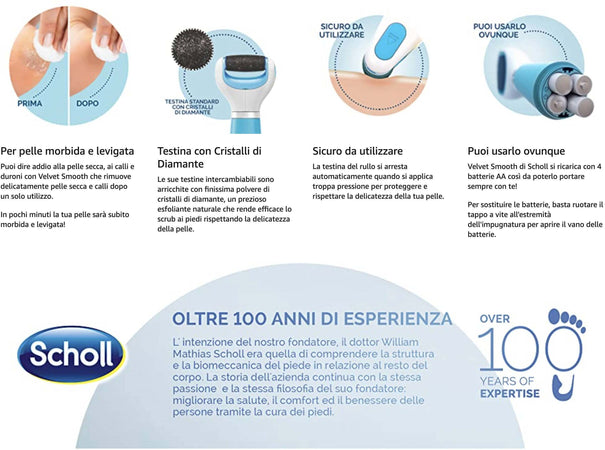 Scholl Velvet Smooth Roll Pedicure Elettrico Professionale per Pelle Secca e Talloni Screpolati, Azzurro, con Cristalli di Diamante Dr. Scholl'S