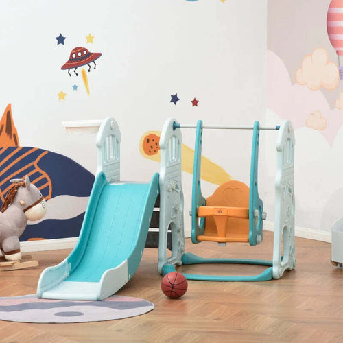 Scivolo-3-in-1-per-Bambini-con-Altalena-Regolabile,-Canestro-e-Palle-per-Cameretta-e-Giardino,-149x186x98cm,-Blu-e-Arancione-GH5331-007GH5