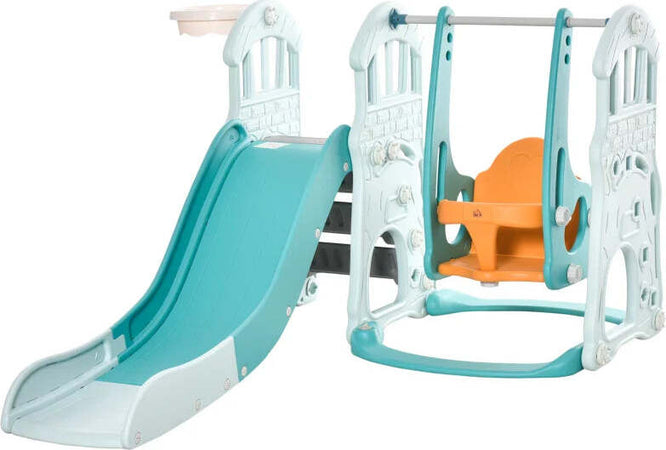 Scivolo-3-in-1-per-Bambini-con-Altalena-Regolabile,-Canestro-e-Palle-per-Cameretta-e-Giardino,-149x186x98cm,-Blu-e-Arancione-GH5331-007GH5