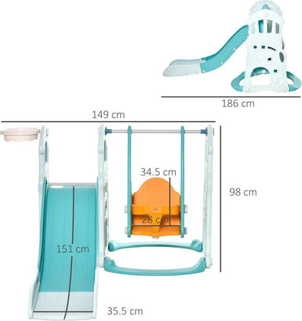 Scivolo-3-in-1-per-Bambini-con-Altalena-Regolabile,-Canestro-e-Palle-per-Cameretta-e-Giardino,-149x186x98cm,-Blu-e-Arancione-GH5331-007GH5