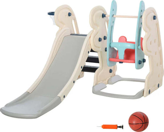 Scivolo-3-in-1-per-Bambini-con-Altalena-Regolabile,-Canestro-e-Palle-per-Cameretta-e-Giardino,-160x220x120cm,-Bianco,-Azzurro-e-Grigio-ED9331-002ED9