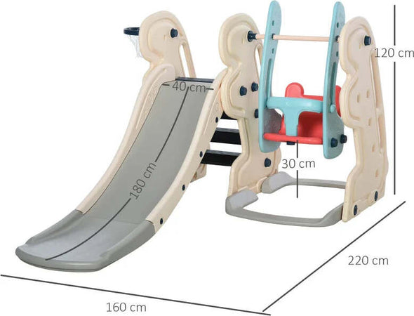 Scivolo-3-in-1-per-Bambini-con-Altalena-Regolabile,-Canestro-e-Palle-per-Cameretta-e-Giardino,-160x220x120cm,-Bianco,-Azzurro-e-Grigio-ED9331-002ED9