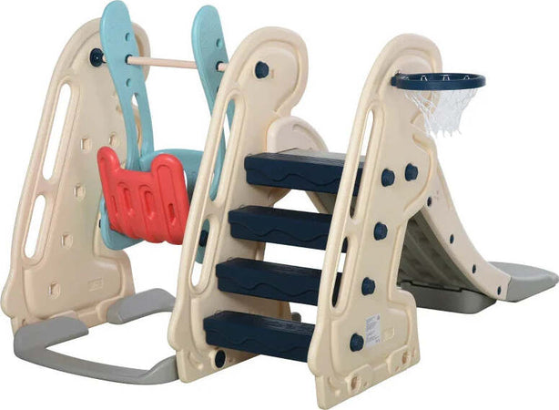 Scivolo-3-in-1-per-Bambini-con-Altalena-Regolabile,-Canestro-e-Palle-per-Cameretta-e-Giardino,-160x220x120cm,-Bianco,-Azzurro-e-Grigio-ED9331-002ED9
