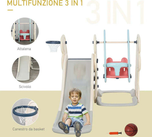 Scivolo-3-in-1-per-Bambini-con-Altalena-Regolabile,-Canestro-e-Palle-per-Cameretta-e-Giardino,-160x220x120cm,-Bianco,-Azzurro-e-Grigio-ED9331-002ED9