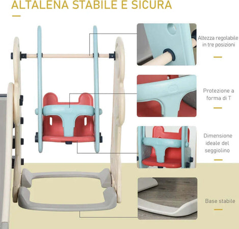 Scivolo-3-in-1-per-Bambini-con-Altalena-Regolabile,-Canestro-e-Palle-per-Cameretta-e-Giardino,-160x220x120cm,-Bianco,-Azzurro-e-Grigio-ED9331-002ED9