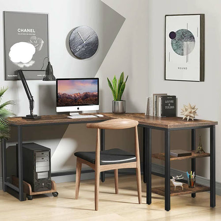 Scrivania-Angolare-Libreria-Tavolo-Porta-PC-Computer-Metallo-Legno-Industriale