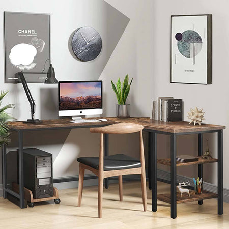 Scrivania-Angolare-Libreria-Tavolo-Porta-PC-Computer-Metallo-Legno-Industriale