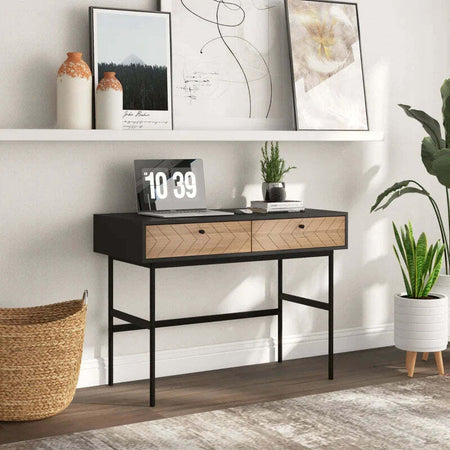 Scrivania-da-Ufficio-Moderna-con-2-Cassetti,-in-Acciaio-e-MDF,-106x50x77-cm,-Nero-e-Rovere-XB3836-563V00BKXB3