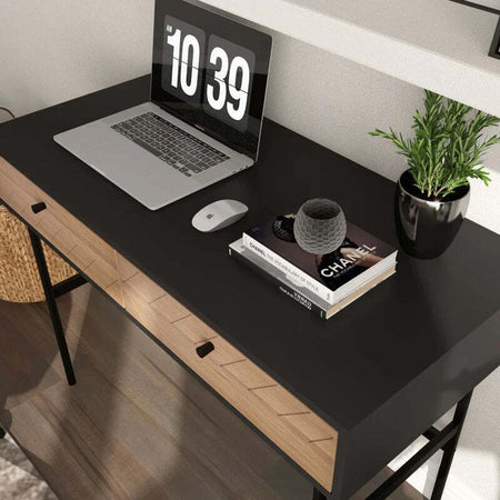 Scrivania-da-Ufficio-Moderna-con-2-Cassetti,-in-Acciaio-e-MDF,-106x50x77-cm,-Nero-e-Rovere-XB3836-563V00BKXB3