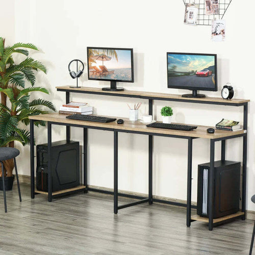 Scrivania-Doppia-con-Scaffali-e-Mensola-per-Monitor-in-Stile-Industriale,-Scrivania-con-Libreria-Salvaspazio-per-Ufficio-e-Studio-in-Metallo-e-MDF,-200x53x100cm,-Nero-Marrone-ZX3836-374ZX3