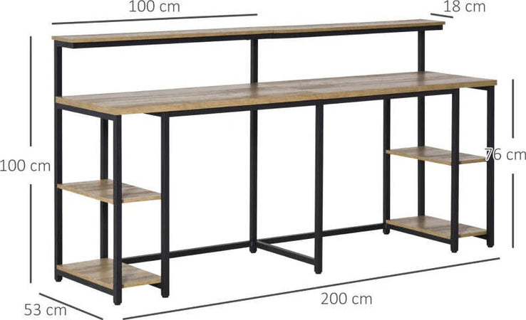 Scrivania-Doppia-con-Scaffali-e-Mensola-per-Monitor-in-Stile-Industriale,-Scrivania-con-Libreria-Salvaspazio-per-Ufficio-e-Studio-in-Metallo-e-MDF,-200x53x100cm,-Nero-Marrone-ZX3836-374ZX3