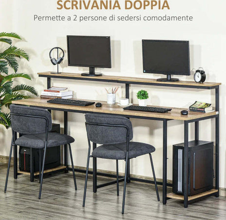 Scrivania-Doppia-con-Scaffali-e-Mensola-per-Monitor-in-Stile-Industriale,-Scrivania-con-Libreria-Salvaspazio-per-Ufficio-e-Studio-in-Metallo-e-MDF,-200x53x100cm,-Nero-Marrone-ZX3836-374ZX3
