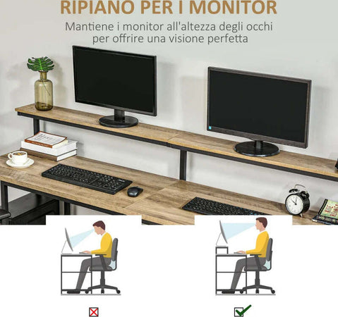 Scrivania-Doppia-con-Scaffali-e-Mensola-per-Monitor-in-Stile-Industriale,-Scrivania-con-Libreria-Salvaspazio-per-Ufficio-e-Studio-in-Metallo-e-MDF,-200x53x100cm,-Nero-Marrone-ZX3836-374ZX3