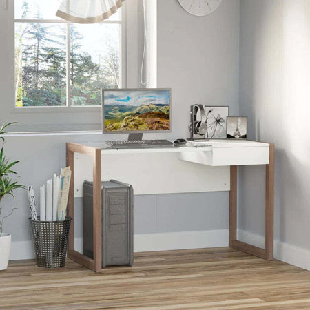 Scrivania-Moderna-di-Design-in-Legno-e-Vetro-Temperato-con-Cassetto,-Bianca-e-Color-Legno,-per-Ufficio,-120x60x75cm-ZD9836-164ZD9