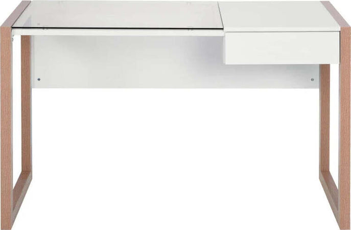 Scrivania-Moderna-di-Design-in-Legno-e-Vetro-Temperato-con-Cassetto,-Bianca-e-Color-Legno,-per-Ufficio,-120x60x75cm-ZD9836-164ZD9