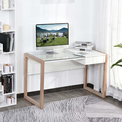 Scrivania-Moderna-di-Design-in-Legno-e-Vetro-Temperato-con-Cassetto,-Bianca-e-Color-Legno,-per-Ufficio,-120x60x75cm-ZD9836-164ZD9