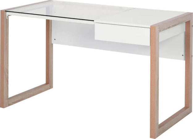 Scrivania-Moderna-di-Design-in-Legno-e-Vetro-Temperato-con-Cassetto,-Bianca-e-Color-Legno,-per-Ufficio,-120x60x75cm-ZD9836-164ZD9