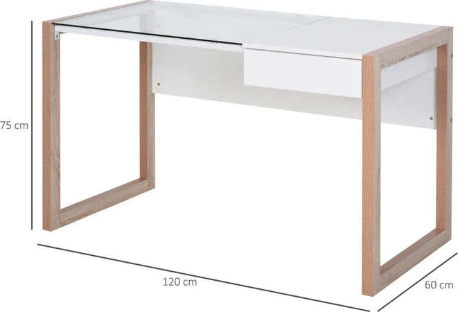 Scrivania-Moderna-di-Design-in-Legno-e-Vetro-Temperato-con-Cassetto,-Bianca-e-Color-Legno,-per-Ufficio,-120x60x75cm-ZD9836-164ZD9