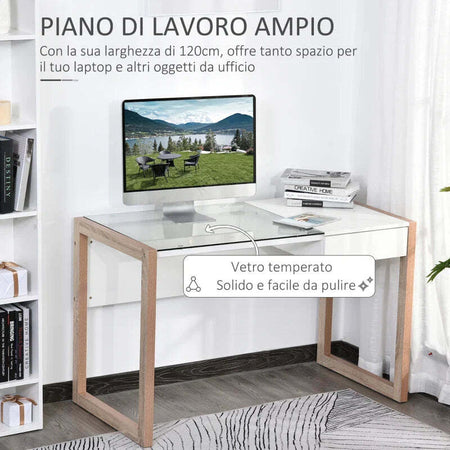 Scrivania-Moderna-di-Design-in-Legno-e-Vetro-Temperato-con-Cassetto,-Bianca-e-Color-Legno,-per-Ufficio,-120x60x75cm-ZD9836-164ZD9