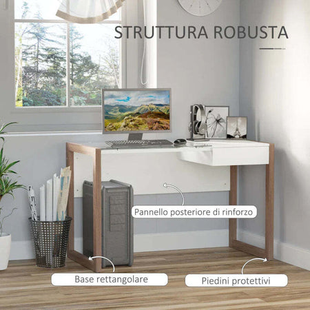 Scrivania-Moderna-di-Design-in-Legno-e-Vetro-Temperato-con-Cassetto,-Bianca-e-Color-Legno,-per-Ufficio,-120x60x75cm-ZD9836-164ZD9