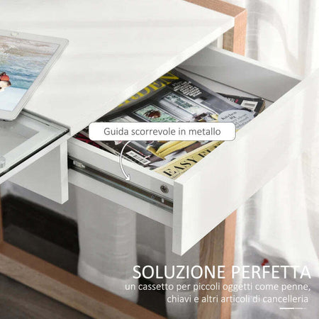 Scrivania-Moderna-di-Design-in-Legno-e-Vetro-Temperato-con-Cassetto,-Bianca-e-Color-Legno,-per-Ufficio,-120x60x75cm-ZD9836-164ZD9