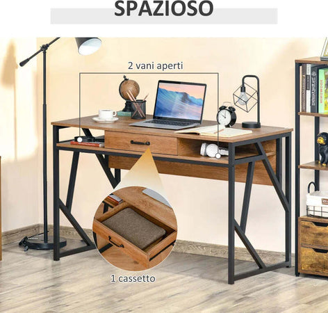 Scrivania-Moderna-in-Metallo-e-MDF-Stile-Industriale,-Mensole-e-Cassetto-per-Casa-e-Ufficio,-120x60x76cm-Nero-Marrone-XV2836-376XV2