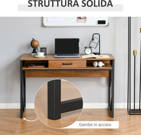 Scrivania-Moderna-in-Metallo-e-MDF-Stile-Industriale,-Mensole-e-Cassetto-per-Casa-e-Ufficio,-120x60x76cm-Nero-Marrone-XV2836-376XV2