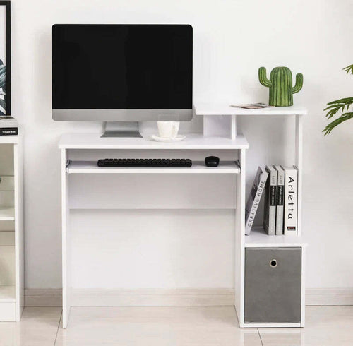 Scrivania-Moderna-per-PC-con-Mensola-Porta-Tastiera,-Ripiano-e-Cassetto-in-Tessuto,-in-Legno,-100x40x86.6cm,-Bianco-QE2836-263QE2