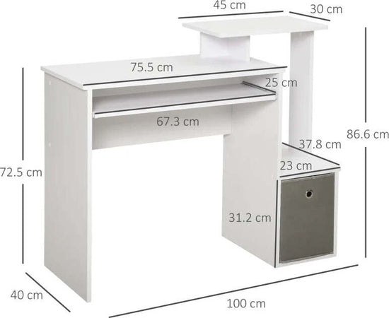 Scrivania-Moderna-per-PC-con-Mensola-Porta-Tastiera,-Ripiano-e-Cassetto-in-Tessuto,-in-Legno,-100x40x86.6cm,-Bianco-QE2836-263QE2