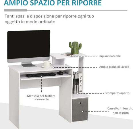 Scrivania-Moderna-per-PC-con-Mensola-Porta-Tastiera,-Ripiano-e-Cassetto-in-Tessuto,-in-Legno,-100x40x86.6cm,-Bianco-QE2836-263QE2
