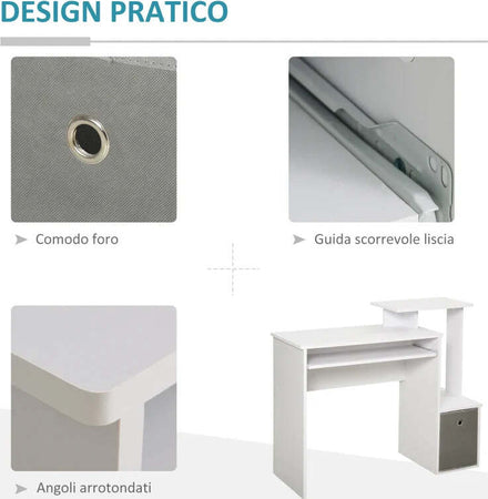 Scrivania-Moderna-per-PC-con-Mensola-Porta-Tastiera,-Ripiano-e-Cassetto-in-Tessuto,-in-Legno,-100x40x86.6cm,-Bianco-QE2836-263QE2