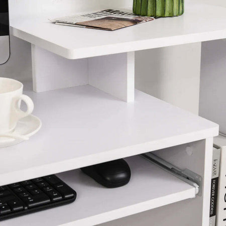 Scrivania-Moderna-per-PC-con-Mensola-Porta-Tastiera,-Ripiano-e-Cassetto-in-Tessuto,-in-Legno,-100x40x86.6cm,-Bianco-QE2836-263QE2