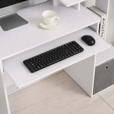 Scrivania-Moderna-per-PC-con-Mensola-Porta-Tastiera,-Ripiano-e-Cassetto-in-Tessuto,-in-Legno,-100x40x86.6cm,-Bianco-QE2836-263QE2
