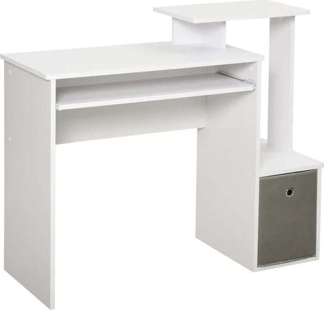 Scrivania-Moderna-per-PC-con-Mensola-Porta-Tastiera,-Ripiano-e-Cassetto-in-Tessuto,-in-Legno,-100x40x86.6cm,-Bianco-QE2836-263QE2