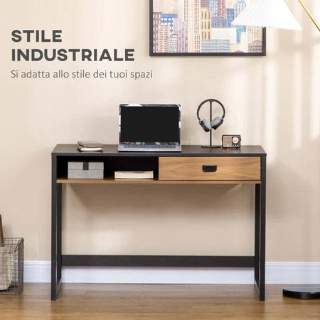 Scrivania-per-Camera-e-Ufficio-con-Cassetto-Stile-Industriale,-110x50x76cm,-Noce-e-Nero-QW1836-507QW1