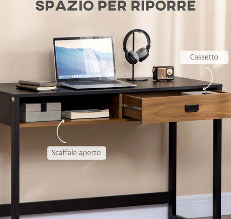 Scrivania-per-Camera-e-Ufficio-con-Cassetto-Stile-Industriale,-110x50x76cm,-Noce-e-Nero-QW1836-507QW1