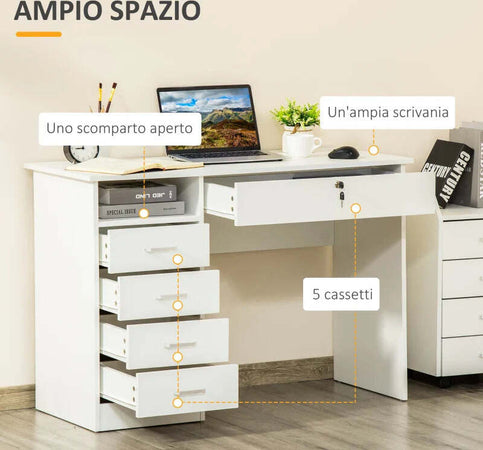 Scrivania-per-Camera-o-Ufficio-in-Legno-con-2-Cassetti-e-2-Chiavi,-110x50x76cm---Bianco-ZD8836-465WTZD8