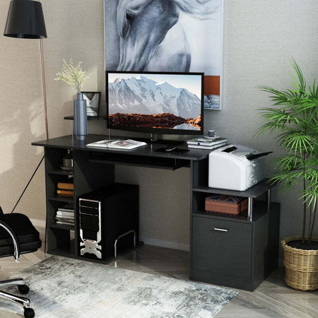 Scrivania-per-Computer-Moderna-con-Cassetti,-Ripiani-e-Tastiera-Estraibile,-Scrivania-da-Ufficio-per-Casa-in-Legno-Nero-152x60x88cm-ZB5920-013ZB5
