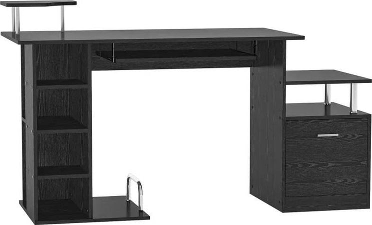 Scrivania-per-Computer-Moderna-con-Cassetti,-Ripiani-e-Tastiera-Estraibile,-Scrivania-da-Ufficio-per-Casa-in-Legno-Nero-152x60x88cm-ZB5920-013ZB5