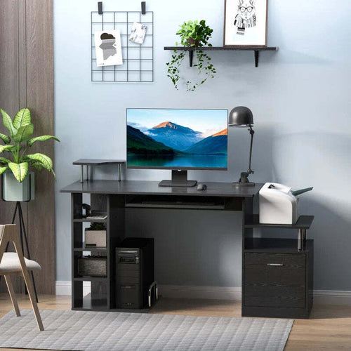 Scrivania-per-Computer-Moderna-con-Cassetti,-Ripiani-e-Tastiera-Estraibile,-Scrivania-da-Ufficio-per-Casa-in-Legno-Nero-152x60x88cm-ZB5920-013ZB5
