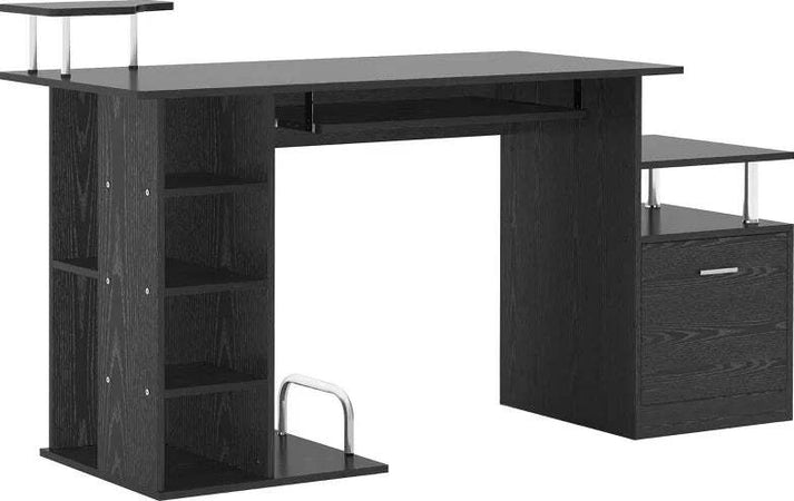 Scrivania-per-Computer-Moderna-con-Cassetti,-Ripiani-e-Tastiera-Estraibile,-Scrivania-da-Ufficio-per-Casa-in-Legno-Nero-152x60x88cm-ZB5920-013ZB5