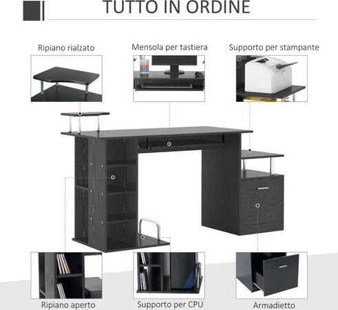 Scrivania-per-Computer-Moderna-con-Cassetti,-Ripiani-e-Tastiera-Estraibile,-Scrivania-da-Ufficio-per-Casa-in-Legno-Nero-152x60x88cm-ZB5920-013ZB5