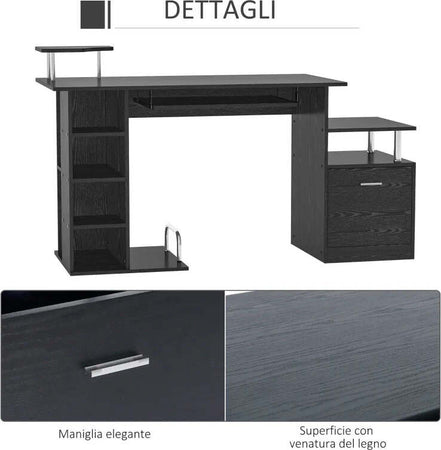 Scrivania-per-Computer-Moderna-con-Cassetti,-Ripiani-e-Tastiera-Estraibile,-Scrivania-da-Ufficio-per-Casa-in-Legno-Nero-152x60x88cm-ZB5920-013ZB5