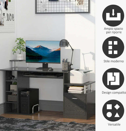 Scrivania-per-Computer-Moderna-con-Cassetti,-Ripiani-e-Tastiera-Estraibile,-Scrivania-da-Ufficio-per-Casa-in-Legno-Nero-152x60x88cm-ZB5920-013ZB5