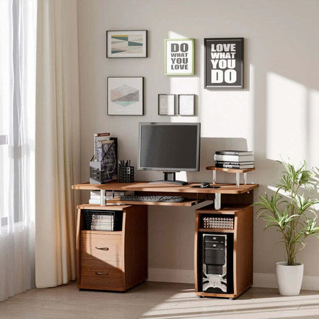 Scrivania-per-Computer-Moderna-Porta-PC-in-Legno-con-Cassetti,-Scrivania-Salvaspazio-Con-Libreria,-Mensola-Estraibile-e-Porta-Tastiera,-120x55x85cm,-Marrone-ZA6920-011V01ZA6
