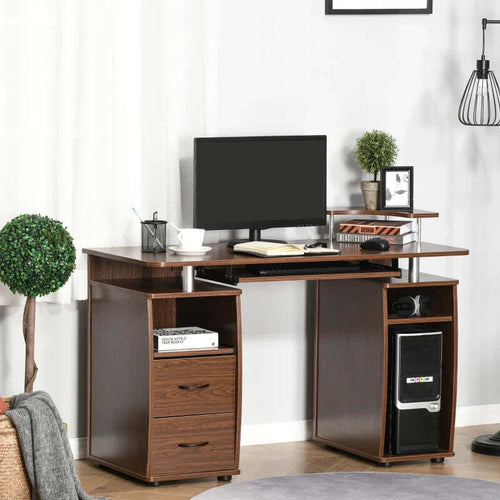 Scrivania-per-Computer-Moderna-Porta-PC-in-Legno-con-Cassetti,-Scrivania-Salvaspazio-Con-Libreria,-Mensola-Estraibile-e-Porta-Tastiera,-120x55x85cm,-Marrone-ZA6920-011V01ZA6